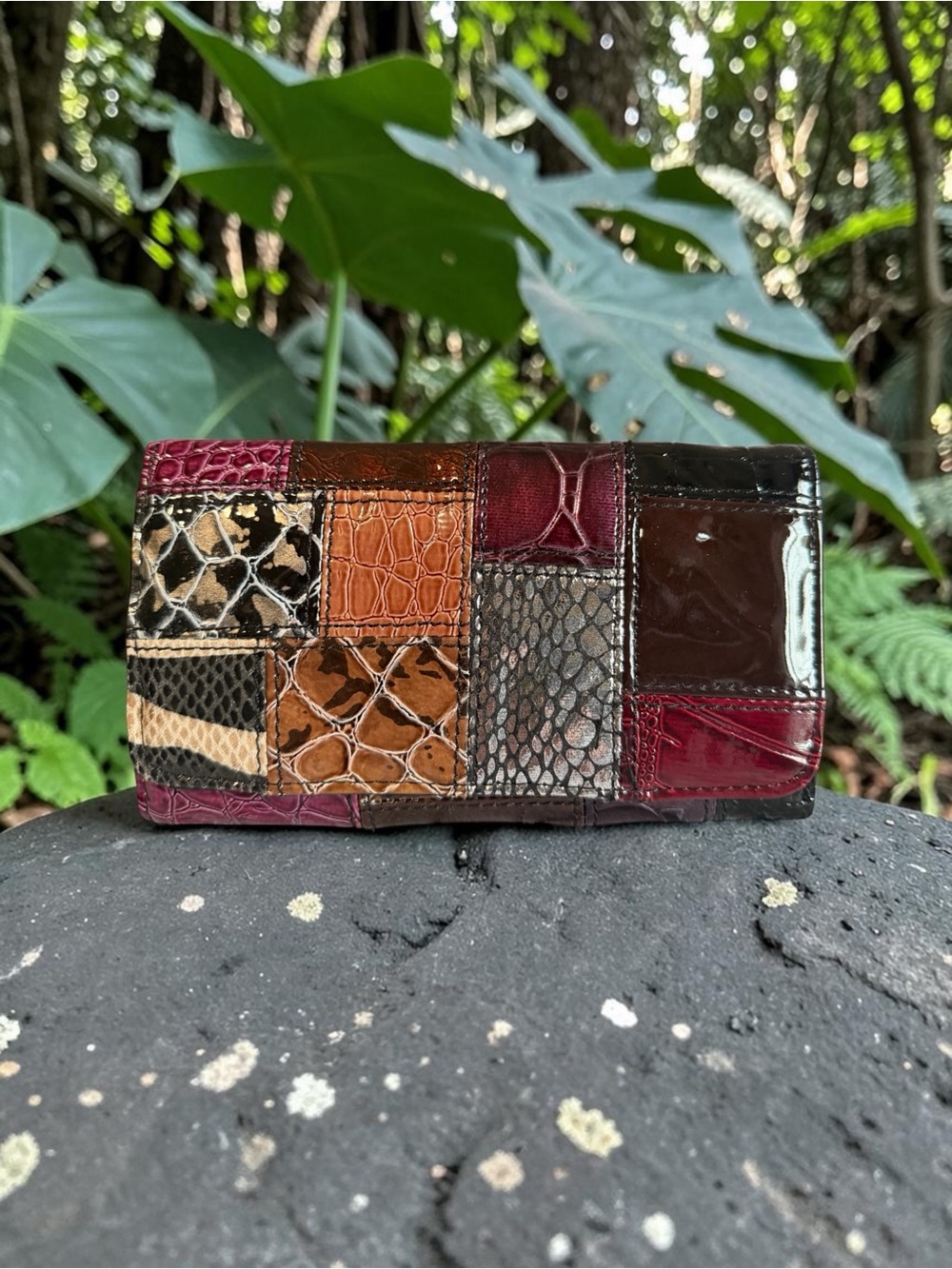 Patchwork Leather Trifold Long Wallet Clutch • Multi-Texture Animal Print